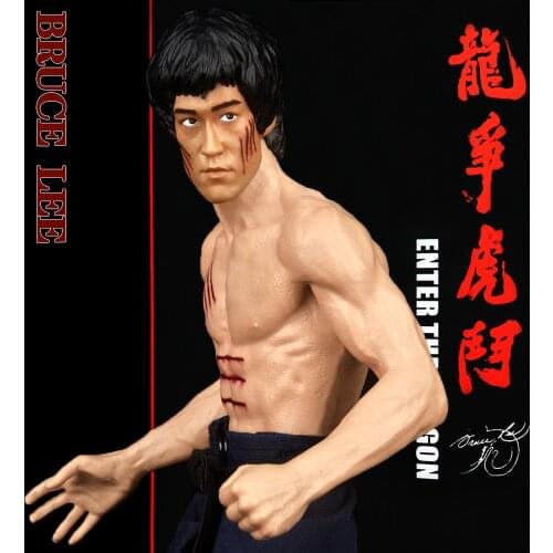 New Bruce Lee 77th Anniversary Edition Dragon Fighting Tiger Fighting Three-headed Sculpture Real Clothes PVC Action Figure 28cm