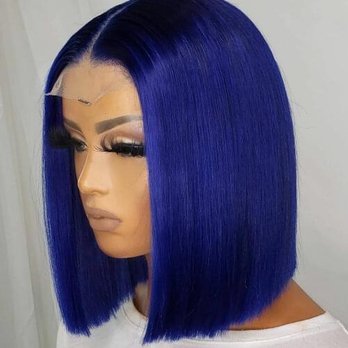 13*6 Lace Front 150 Density Blue Color Human Hair Wigs Brazilian Remy Human Hair Short BoB Wig with Baby Hair Wigs