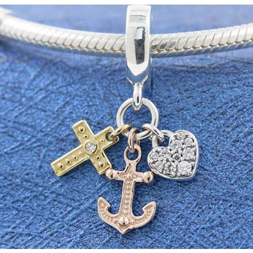 Original Rose Gold Triple-tone Cross Heart & Anchor Pendant Beads Fit 925 Sterling Silver Charm Europe Bracelet Diy Jewelry