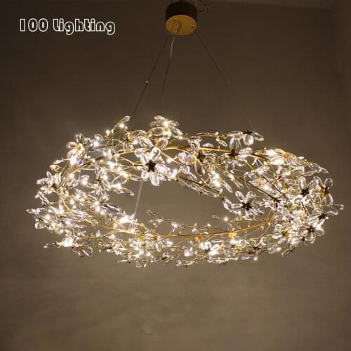 Romantic Flower LED Pendant Lamps Clear Crystal Gold Metal Cord Adjustable Hanging Light Fixtures For Restaurant Bedroom Foyer