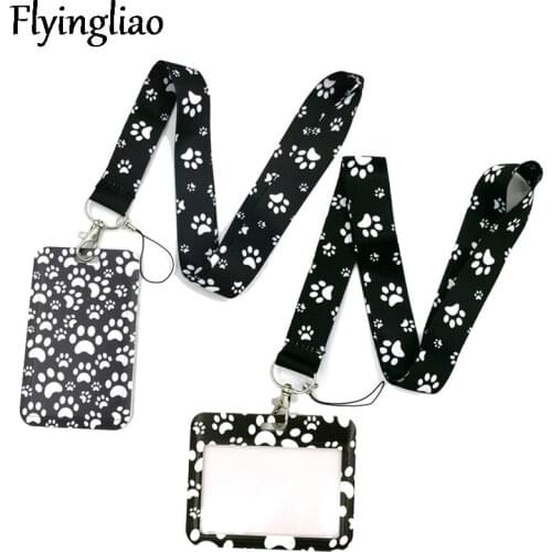 Black Dogs Paws Lanyard Credit Card ID Holder Bag Student Women Travel Card Cover Badge Car Keychain Decorations