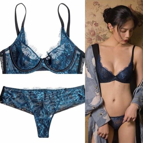 Blue Sexy Temptation Eyelashes Lingerie Ultra-Thin Thong Underwear Comfortable Gather Push Up Lace Bra And Briefs Set For Women