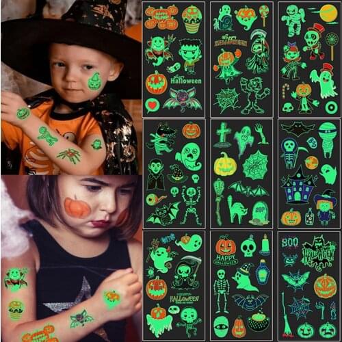 Halloween Luminous Temporary Tattoos Pumpkin Ghost Waterproof glow Tattoo Sticker for Kids Favors Gifts Halloween Party Decor