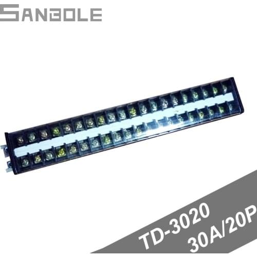 TD-3020 30A/600V 20 positions Terminal block Dual Row Connection Plate Screw Barrier Strip DIN rail Terminals 20P