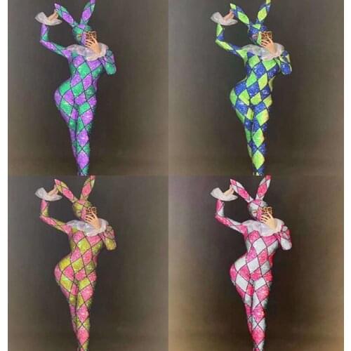 V53 Sexy catwalk perform dance costumes sequins elastic leotard tights 3d print siamese women bodysuit cosplay outfits jumpsuit