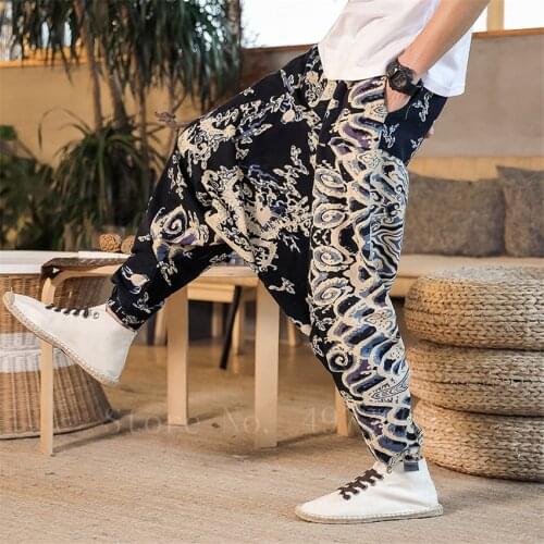 Japanese Traditional Men Harem Pants Floral Printed Harajuku Oriental Wide Leg Trousers 8Colors Man Linen Cotton Hanging Pants