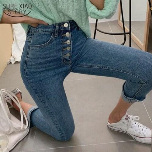 High Waist Jeans Women Blue 2021 Slim Denim Jeans Ankle-length Trouser Simple Korean Broek Mujer Pantalones Ropa De Mujer 10407