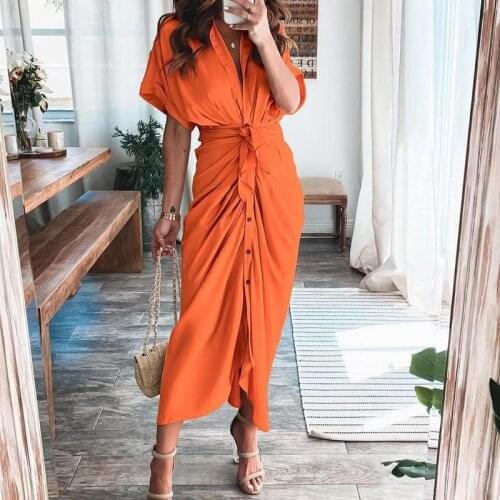Summer Dress woman Short Sleeve v-neck solid print Robe Dress Elegant Button Ruched Bandage Shirt Beach Maxi Dress For Women
