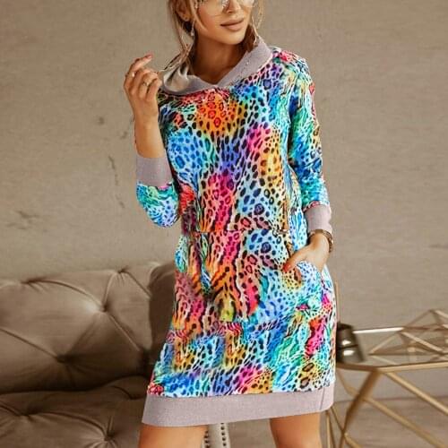 Womens Dresses Fashion Long Sleeves Long Sweatshirts Dress Plus Size Leopard Tropical Plants Print Hoodie Casual Dress Vestidos