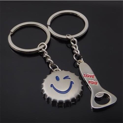 1 Pair Couple Lovers Keychains Bottle Beer Cap Opener Key Chain Love You Keyring Keyfob Key Ring Fashion Keychain Jewelry Gift
