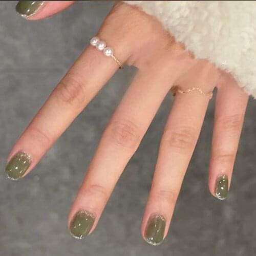 24pcs Short Green Nail Extension Patch With Silver Brim False Nail Set Waterproof Nail Art Supplies With Glue SANA889