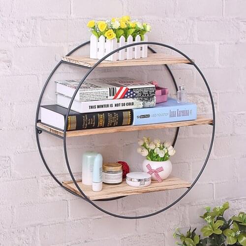 3 Tier Round Wooden Shelf Metal Wall Hanging Shelf Office Sundries Art Storage Rack Home Wooden Decorative Craft Holder Racks