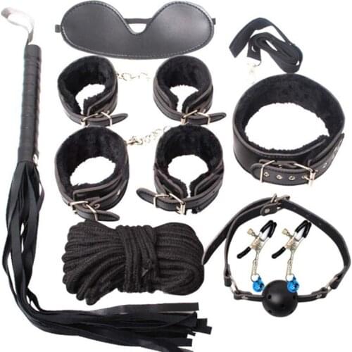 8pcs Sexy Leather Handcuffs Nipple Clip Whipping Gag Bondage Suit Nylon Cable Tie Slave Game Bdsm Suit Couple Flirting Sex Toys