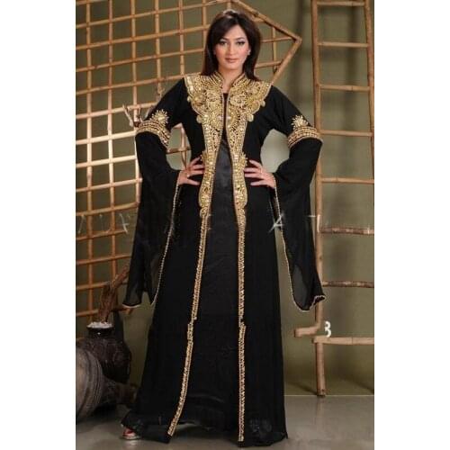 Black Muslim Evening Dresses A-line Long Sleeves Chiffon Beaded Moroccan Kaftan Dubai Saudi Arabia Long Prom Dress Gown