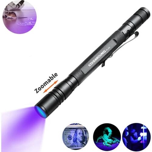 COSMOING Zoomable 395nm UV Light Penlight Blacklight Scalable Clip Pen Light Flashlight