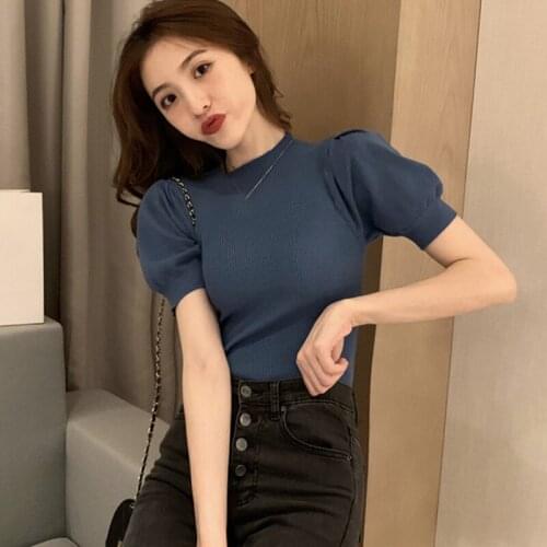 Knitted T Shirts Women Solid Color O Neck Puff Sleeve Female Tops Loose Casual Slim Fit T Shirts S1
