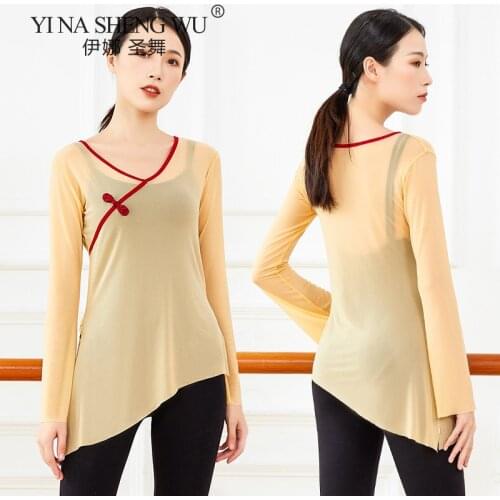 Chinese Folk Classical Dance Shirt Practice Clothes For Performances Long Sleeve Tops Body Rhyme Gauze Tops Sexy Mesh Shirt 2XL