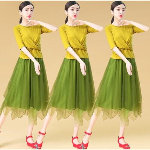 Square dance half length skirt gauze skirt womens versatile fairy gauze dance practice skirt irregular long skirt