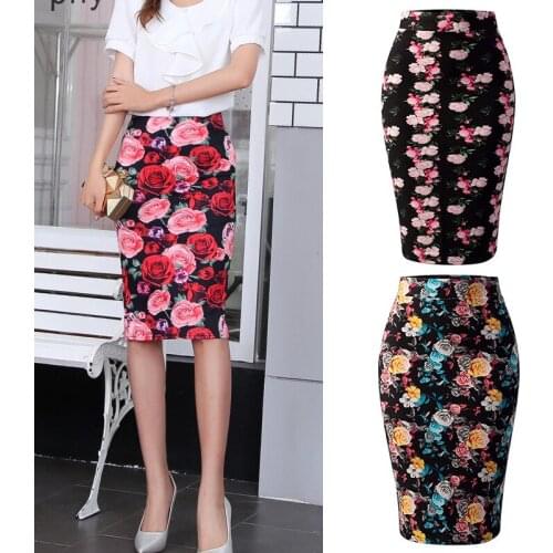 Fashion Women Elastic High Waist Pencil Skirts Midi Skirt Women Printed Women Elegant roses Floral Print