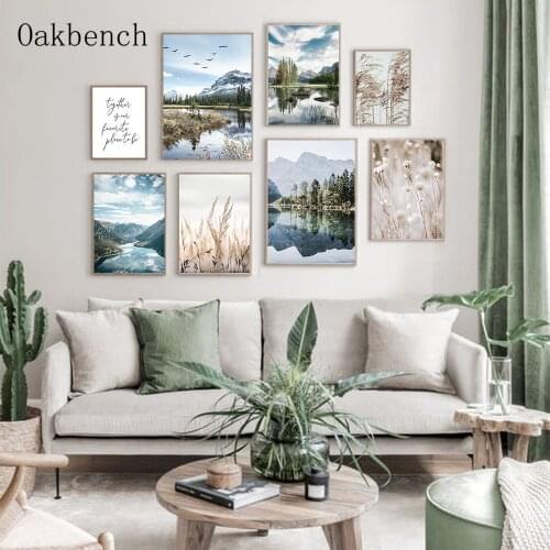 Natural Landscape Canvas Art Print Mountain Lake Scenery Wall Poster Reed Plant Art Painting Nordic Poster Living Room Decor