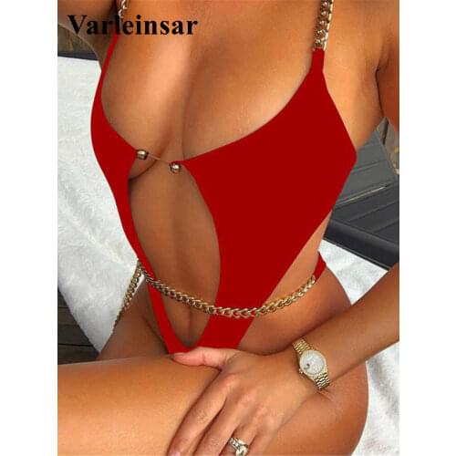 New Sexy Tummy Cut Out High Cut Leg One Piece Swimsuit Women Swimwear Female Bather Golden Chain String Bathing Suit Swim V1667R