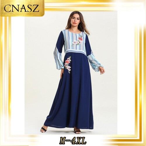 Middle Eastern Muslim Fashion Large Size Autumn Womens Color Stripes Stitching Musulman Robe Long Sleeve Dress