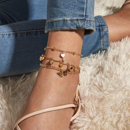 3Pcs/set Beach Leg Bracelet For Women Bohemian Charm Beaded Heart Lock Shaped Pendant Gold Anklet Foot Bracelet Summer Jewelry