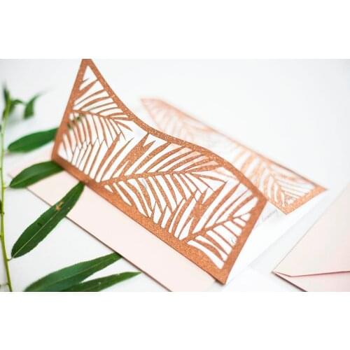 Customized Rose Gold tropical Laser Cut Wedding Invitation,palm tree style invitations, personalized printed folded cards
