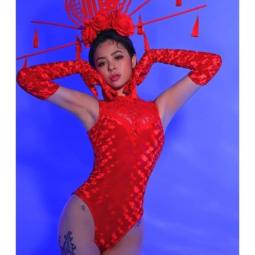 Sexy Bodysuit For Women Red Lace Chinese Style New Year Party Outfit Birthday Celebrate Wear Bar Nightclub Singer Costume BL5410