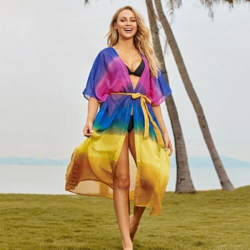 Chiffon Rainbow Beach Tunic Bikini Cover Ups Long Beach Dress Plus Size Cardigan Beachwear Bikini Cover Up Saida De Praia