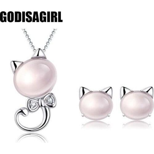 Cute Animal Jewelry 925 Sterling Silver Crystal Pink Cat Stud Earrings and Necklace women Children Jewelry Sets for Gift