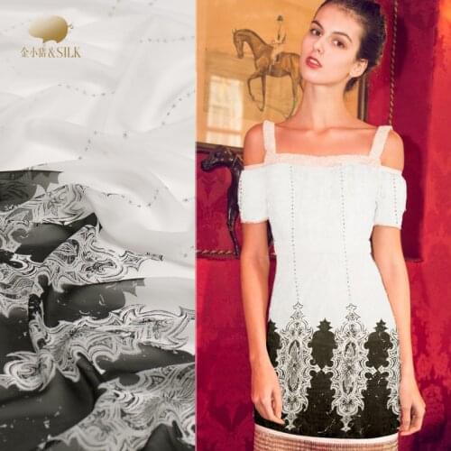 Thin and light silk georgette fabric black and white art pattern scarf dress shirt silk fabric wholesale silk cloth