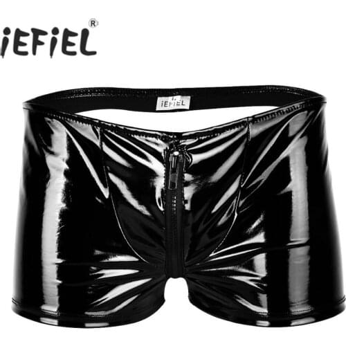 Men Lingerie Gay Panties Wetlook Patent Leather Zipper Bulge Pouch Jockstraps Open Butt Boxer Shorts Sissy Underwear Underpants