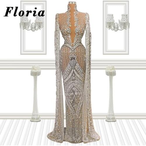 Gorgeous Middle East Celebrity Dresses Beading Illusion Evening Gowns For Weddings Crystals African Prom Dress Evening Wear 2021