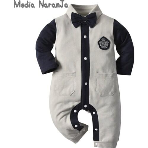 2020 Spring Autumn Children Wear Gentleman Bow Tie Baby Romper Long-Sleeved Gray White Romper Baby out Jump Suit