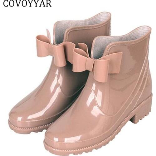 COVOYYAR Short Women Rain Boots Platform Rubber Ankle Boots Bow Slip on Rainboots Waterproof Woman Shoes Big Size 43 WBS771