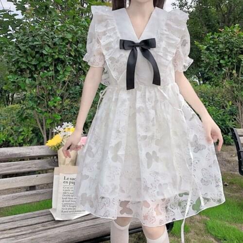 Womens Summer Japanese-Style V-neck Bow Ruffle Stitching Short-Sleeved Lace-up High-Waist tea party lolita dress