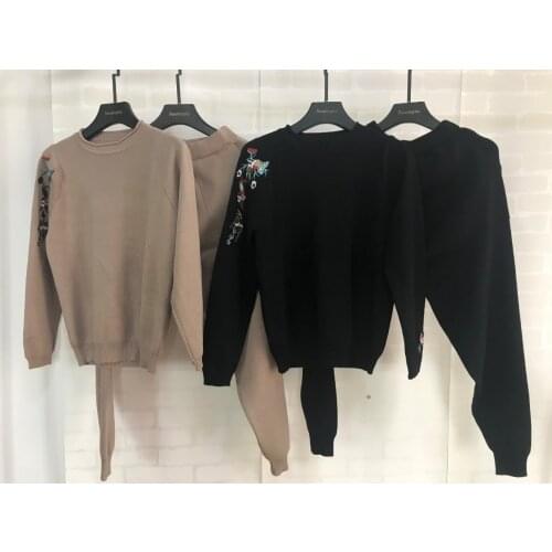 Amolapha Women Embroidery Floral Sweater+Long Pants Suits Solid Long Sleeve Elegant Woman Casual Knitted Costumes Sets