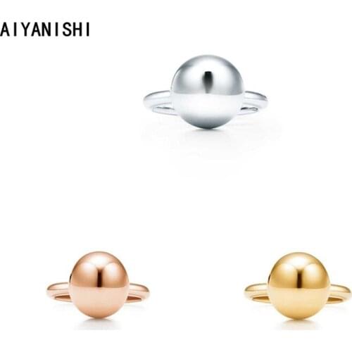 AIYANISHI 925 Sterling Silver Ball Rings for Women 10mm Bead Silver Rings White/Yellow/Rose Gold Color Rings Jewelry Lover Gifts