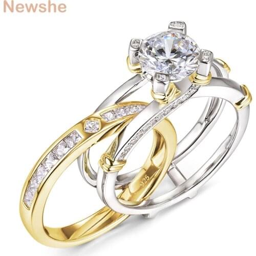 Newshe Solid 925 Sterling Silver Solitaire Round Cut Engagement Ring Set For Women Yellow Gold Color Wedding Band AAA Zircons