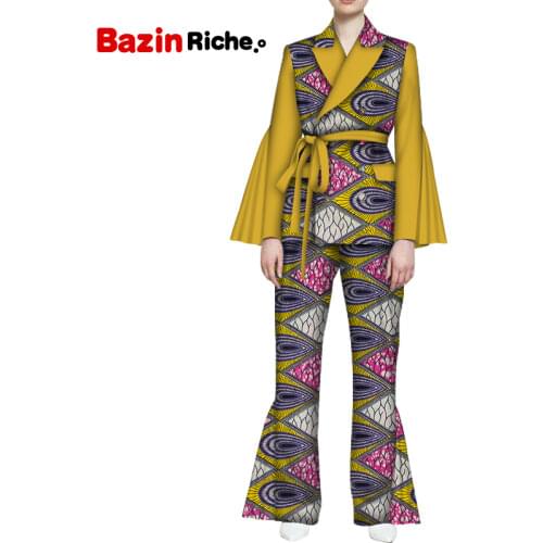 Casual 2 Pieces Pant Sets Women Custom Size Top Blazer and Pants Sets Bazin Riche Dashiki Cotton African Clothing WY6102