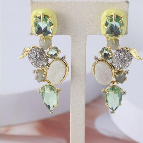 European and American jewelry wholesale color enamel inlaid with light green diamond head long ear clip