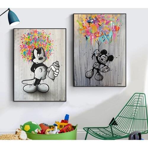 Disney Cartoon Mickey Mouse Canvas Paintings Street Graffiti Art Posters Black White Prints Wall Art Picture for Kids Home Decor