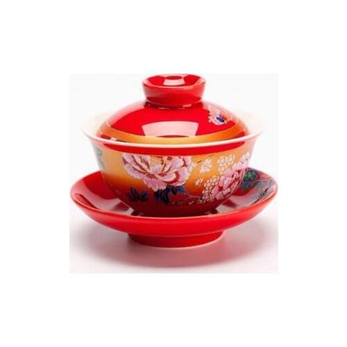 Chinese traditional antique red wedding ceramic tea bowl cup tray Kungfu tea set tureen gaiwan porcelain marry newlywed gift