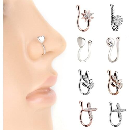 Crystal Leaf Flower Cross False Nose Ring Earring Fake Septum Ring Studs Women Ear Clip Non Body Piercing Jewelry