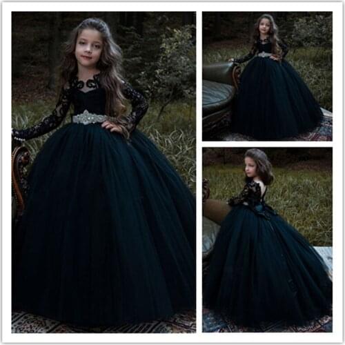 2020 Flower Girls Dress For Wedding Long Sleeves Lace Appliques Ball Gown Elegant Girls Birthday Dress Pageant Gowns with Bow