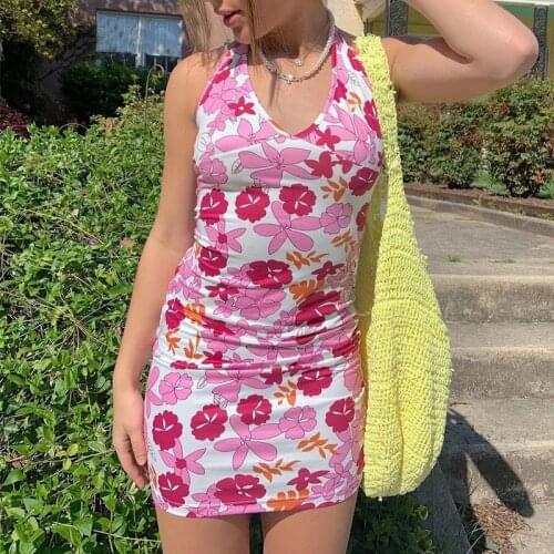 Summer Halter Neck Bodycon Dress Mini Women V Neck Sleeveless 2021 Y2K Floral Print Beach Mini Backless Sexy Dresses Party Sexy