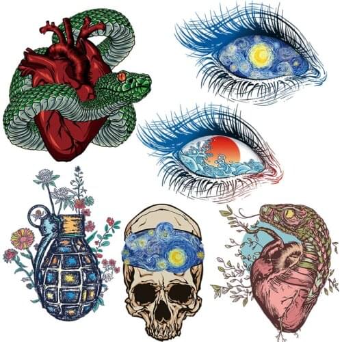 Metal Pacth Rock Iron On Transfers For Clothing Skull Heart Patches On Clothes Sticker Fashion DIY Skull Eyes Thermo-stickers