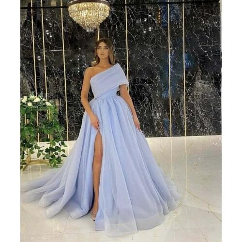Fashion One Shoulder Short Sleeve Pink High Slit Floor Length Thigh Prom Dresses