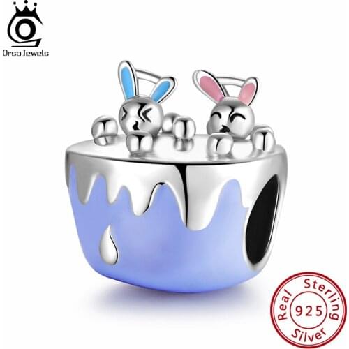 ORSA JEWELS Genuine 925 Sterling Silver Lovely Rabbit House Charm fit Bracelets Blue Pink Enamel DIY Women Jewelry Making CB158
